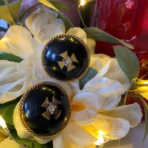 Vintage CINER Gold Tone Black Enamel Clear Rhinestones Clip-On Earrings Signed